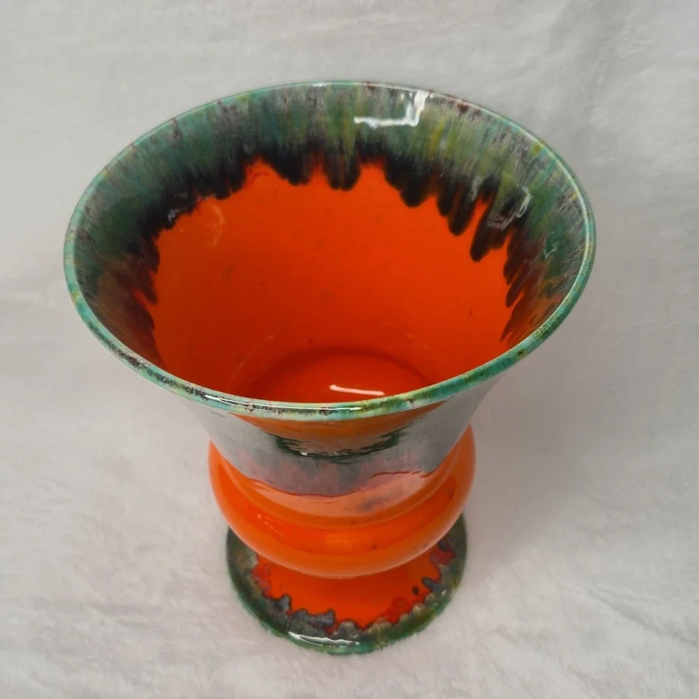 Lane & Co Pottery Vase 1961 MCM Orange Green Drip Glaze Psychedelic Vintage 7.5